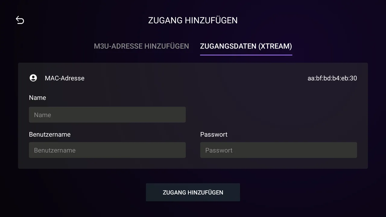 Dialog Zugang hinzufügen in German4K Pro